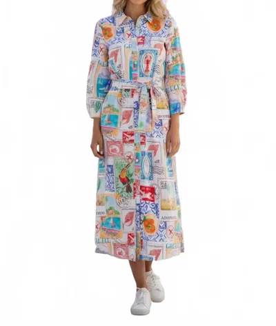 Vilagallo Women's Long Dress With Travel Stamp Print In Multi In Pink