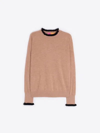 Vilagallo Women's Ruffle Knit Sweater In Beige/ Black In Brown