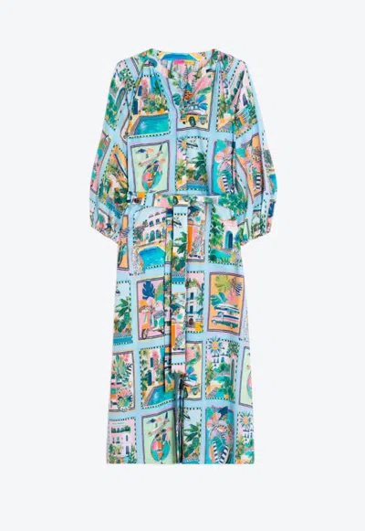 Vilagallo Women's V-neck Dress In Turquoise Tropical Scenes In Multi