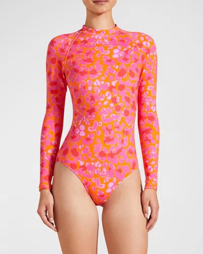 Vilebrequin Abstract Leopard Printed Rashguard One-piece Swimsuit In Pink