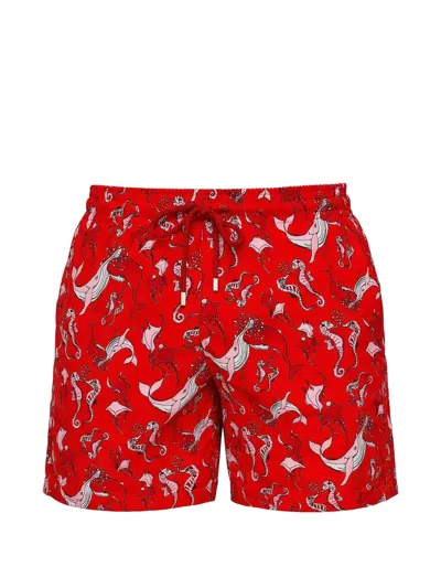Vilebrequin Whimsical Whales Printed 5.5 Swim Trunks In Red