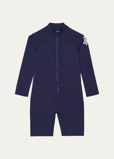 Vilebrequin Kids' Turtle Print Rash Guard Swimsuit In Bleu Marine