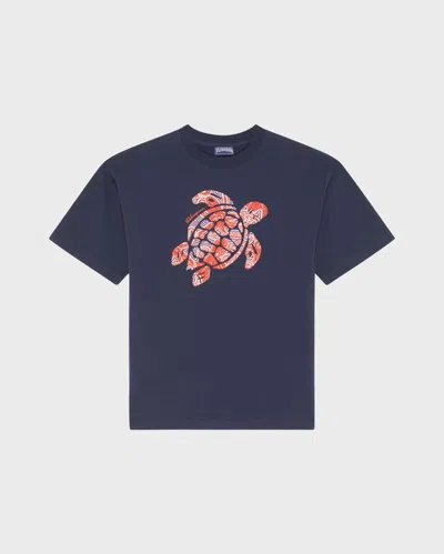 Vilebrequin Kids' Boys Organic Cotton Oversize T-shirt Turtle In Blue