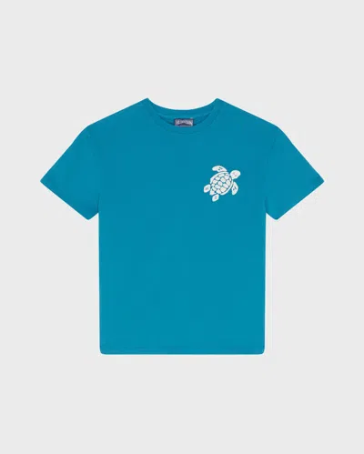 Vilebrequin Kids' Boys Organic Cotton T-shirt Embroidered Turtle In Blue