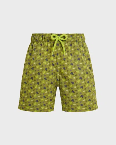 Vilebrequin Kids' Boys Stretch Swim Trunks Micro Ronde Des Tortues In Green