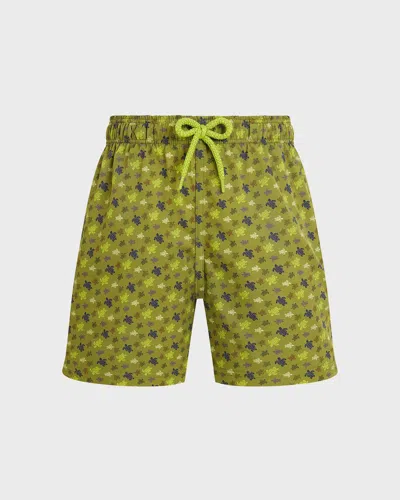 Vilebrequin Boys Stretch Swim Shorts Micro Ronde Des Tortues Wormwood In Green