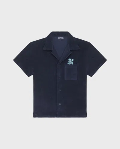 Vilebrequin Kids' Boys Terry Bowling Shirt Embroidered Turtle In Blue