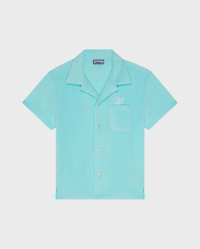 Vilebrequin Kids' Boys Terry Bowling Shirt Embroidered Turtle In Blue