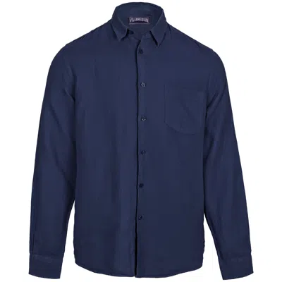 Vilebrequin Caroubis Solid Navy Blue Long Sleeve Linen Shirt