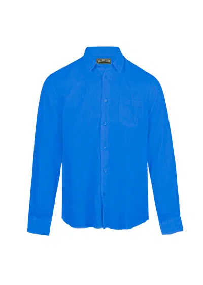 Vilebrequin Caroubis Solid Palace Blue Long Sleeve Linen Shirt