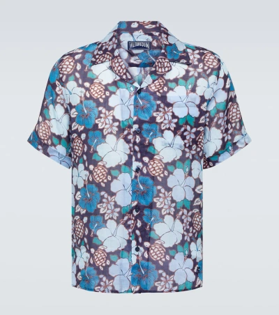 Vilebrequin Bowling Linen Tropical Turtles Shirt In Minuit