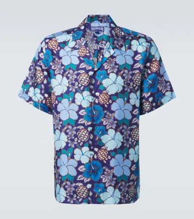 Vilebrequin Bowling Linen Tropical Turtles Shirt In Minuit