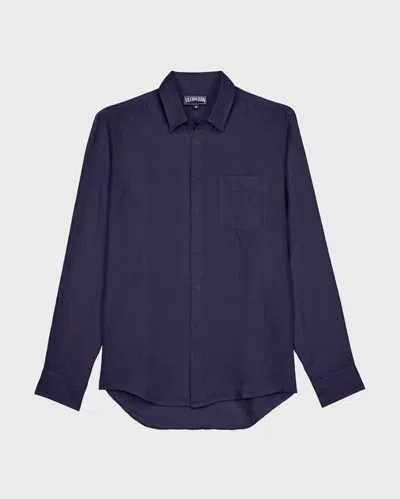 Vilebrequin Men Linen And Cotton Shirt Jacquard Turtle Monogram In Blue