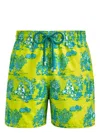 Vilebrequin Moorea Deep Sea Toile De Jouy Print 6 Swim Trunks In Neon Yellow/yellow