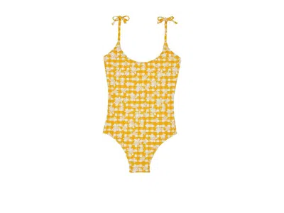 Vilebrequin Kids' Turtles Vichy One-piece Swimsuit In Orange