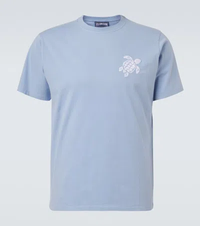 Vilebrequin Men Organic Cotton T-shirt Big Turtle Embroidery In Blue