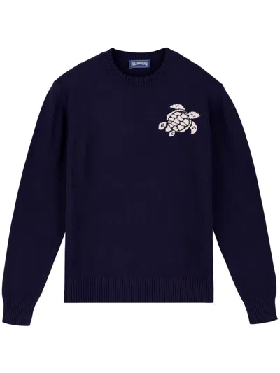 Vilebrequin Organic Cotton And Cashmere Crew Neck Sweater With Turtle Logo In Blue
