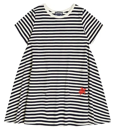 Vilebrequin Kids' Embroidered Striped Cotton Dress In Marine / Blanc