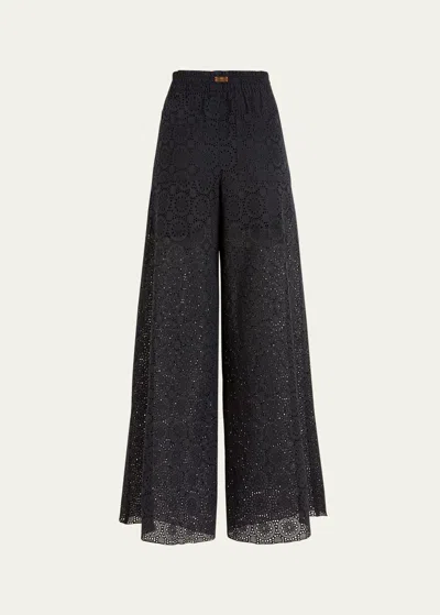 Vilebrequin Embroidered Wide-leg Cotton Pants In Noir