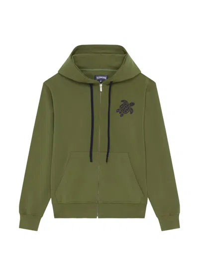 Vilebrequin Organic Cotton Zip-up Hoodie With Embroidered Turtle In Green