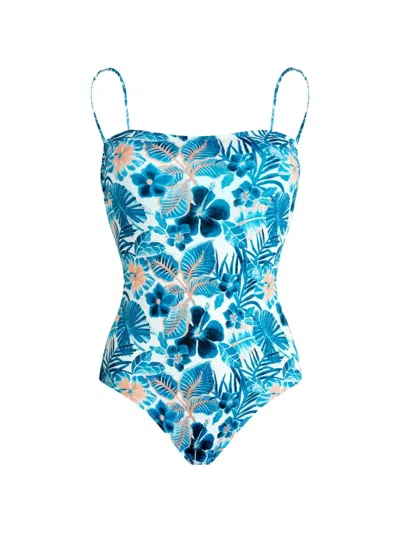 Vilebrequin Women Bustier One-piece Swimsuit Island Flowers In Blue