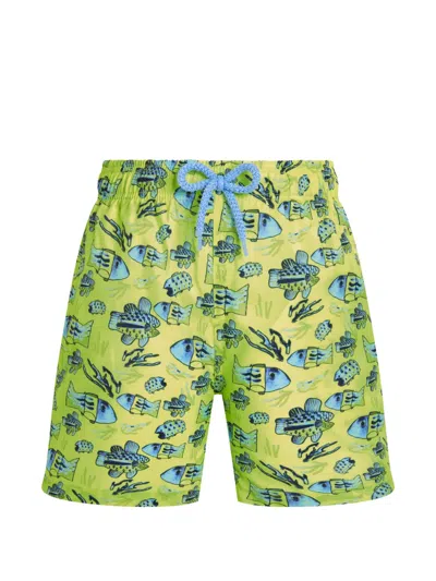 Vilebrequin Kids' Fish-print Packable Swim Shorts In Green
