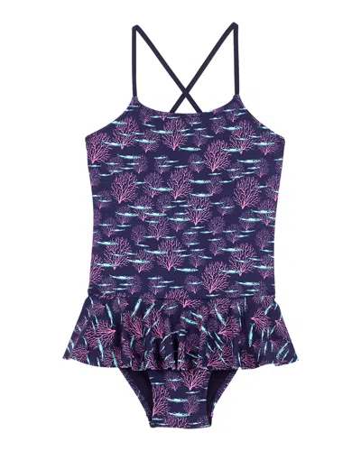 Vilebrequin Kids' Girl's Grilly Coral Print Skirted One-piece Swimsuit In Bleu Marine