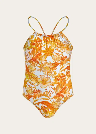 Vilebrequin Kids' Girl's Halter Tahiti Flower-print One-piece Swimsuit In Gold