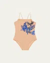 Vilebrequin Girl's Swimsuit W/ Embroidered Butterflies In Blue