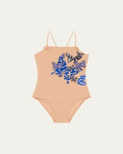 Vilebrequin Kids' Girl's Swimsuit W/ Embroidered Butterflies In Blue