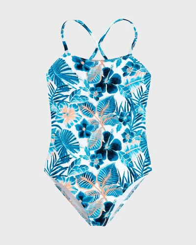 Vilebrequin Kids' Girls One-piece Swimsuit Island Flowers In Blue