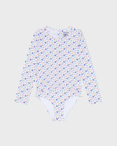 Vilebrequin Kids' Girls One-piece Zipped Swimsuit Rashguard Micro Ronde Des Tortues In White