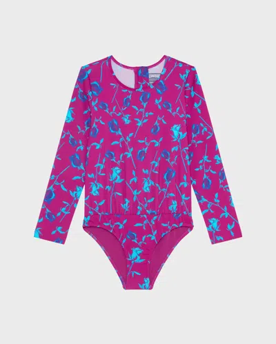Vilebrequin Kids' Girls One-piece Zipped Swimsuit Rashguard Roses In Red
