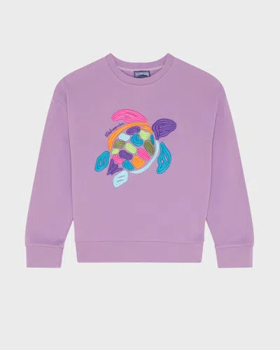 Vilebrequin Kids' Girls Organic Cotton Crewneck Sweater Multico Big Turtle In Purple