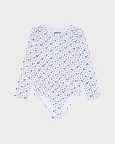 Vilebrequin Kids' Girls Rashguard One-piece Swimsuit Micro Ronde Des Tortues In White