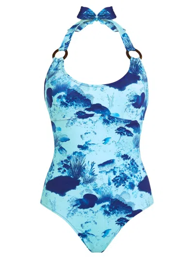 Vilebrequin Halterneck Swimsuit With Marine Print In Blue