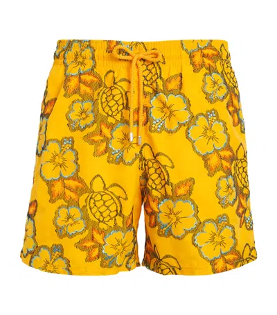 Vilebrequin Hibiscus Embroidered Mistral Swim Shorts In Yellow