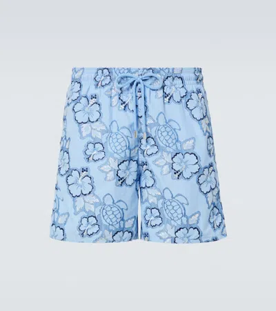 Vilebrequin Hibiscus Embroidered Swim Trunks In Blue
