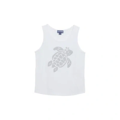 Vilebrequin Kids' Turtle Glitter Cotton Tank Top In Blanc