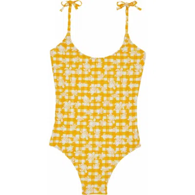 Vilebrequin Kids' Turtles Vichy One-piece Swimsuit In Orange