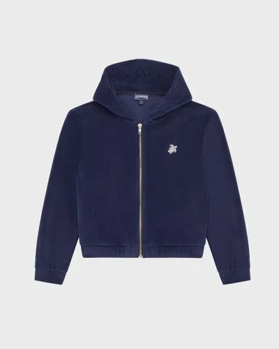 Vilebrequin Kids Velvet Full Zip Sweatshirt Embroidered Turtle In Blue