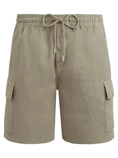 Vilebrequin Linen Bermuda Shorts With Drawstring And Cargo Pockets In Neutral