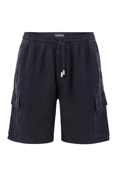 Vilebrequin Linen Cargo Bermuda Shorts In Blue