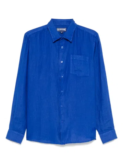 Vilebrequin Linen Embroidered Caroubis Shirt In Blue