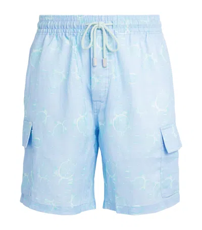 Vilebrequin Linen Turtle Print Bermuda Shorts In Blue