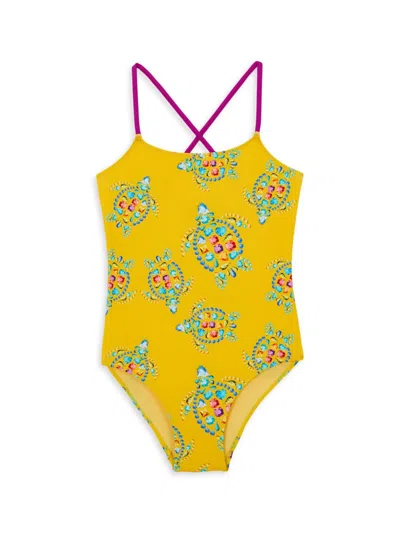 Vilebrequin Little Girl's & Girl's Vendôme Turtles Jersey One-piece Swimsuit In Yellow Multi