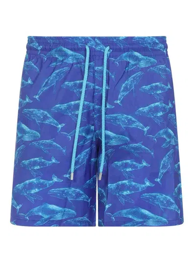 Vilebrequin Men Long Ultra-light And Packable Swim Shorts Sparkling Whales In Blue