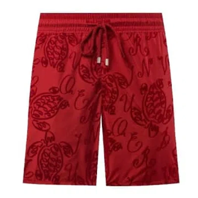 Vilebrequin Mahina Swin Short Ultra-light & Packable Micro Ronde Des Tortues Flocked Moulin Rouge In Red