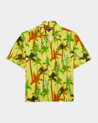 Vilebrequin Palms Offset Cotton Button Down Camp Shirt In Yellow