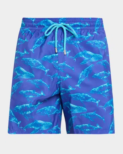 Vilebrequin Men Long Ultra-light And Packable Swim Shorts Sparkling Whales In Blue